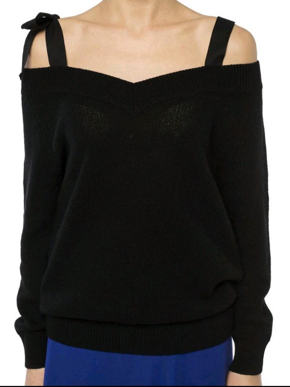 RED Valentino Black Off-The-Shoulder V-Neck Bow Knit Sweater
